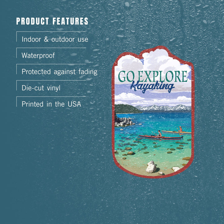 Go Explore, Kayakers in Cove, Contour, Vinyl Sticker Sticker Lantern Press 