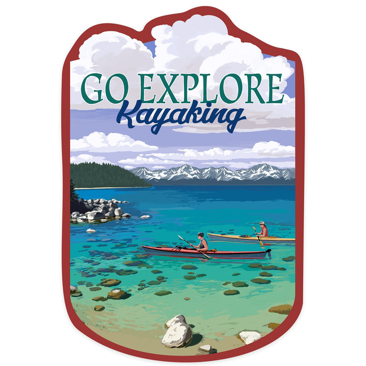 Go Explore, Kayakers in Cove, Contour, Vinyl Sticker Sticker Lantern Press 