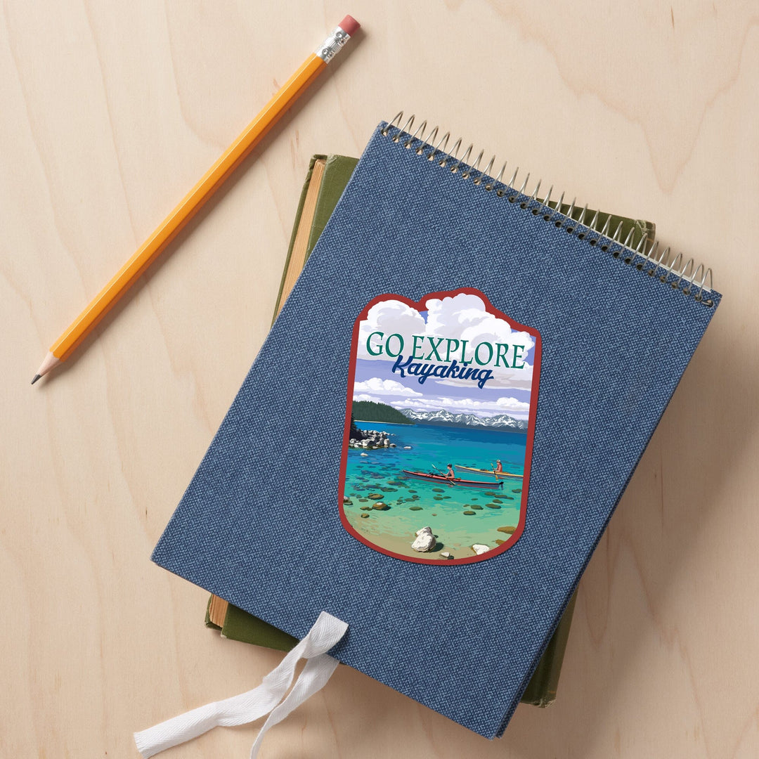 Go Explore, Kayakers in Cove, Contour, Vinyl Sticker Sticker Lantern Press 