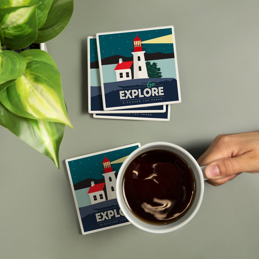 Go Explore (Lighthouse), Discover the Parks, Vector Style, Coaster Set - Lantern Press