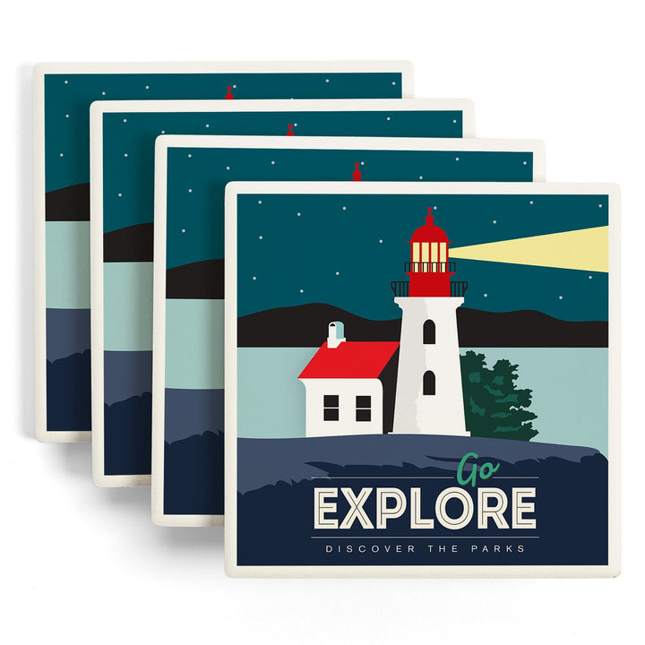 Go Explore (Lighthouse), Discover the Parks, Vector Style, Coaster Set - Lantern Press