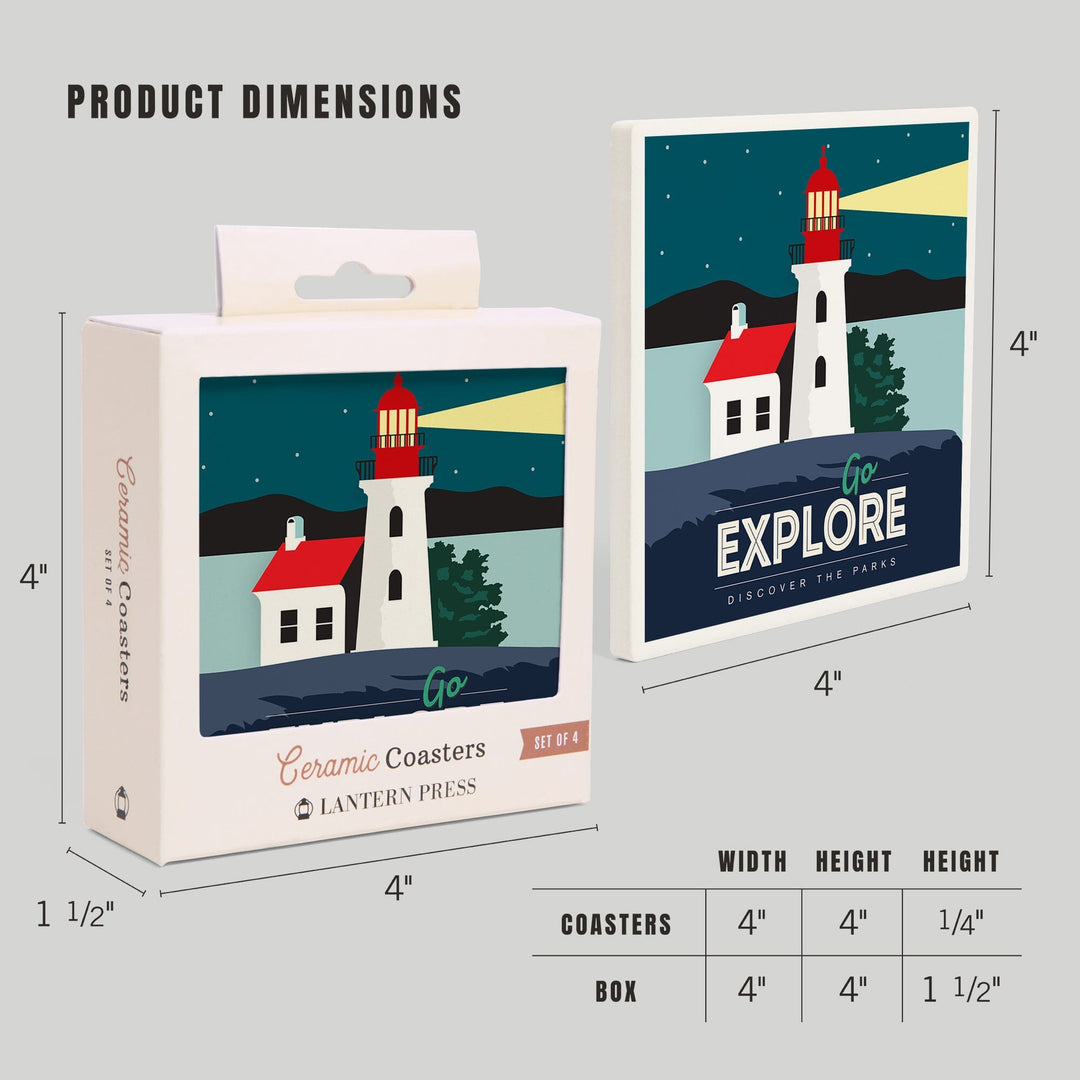 Go Explore (Lighthouse), Discover the Parks, Vector Style, Coaster Set - Lantern Press