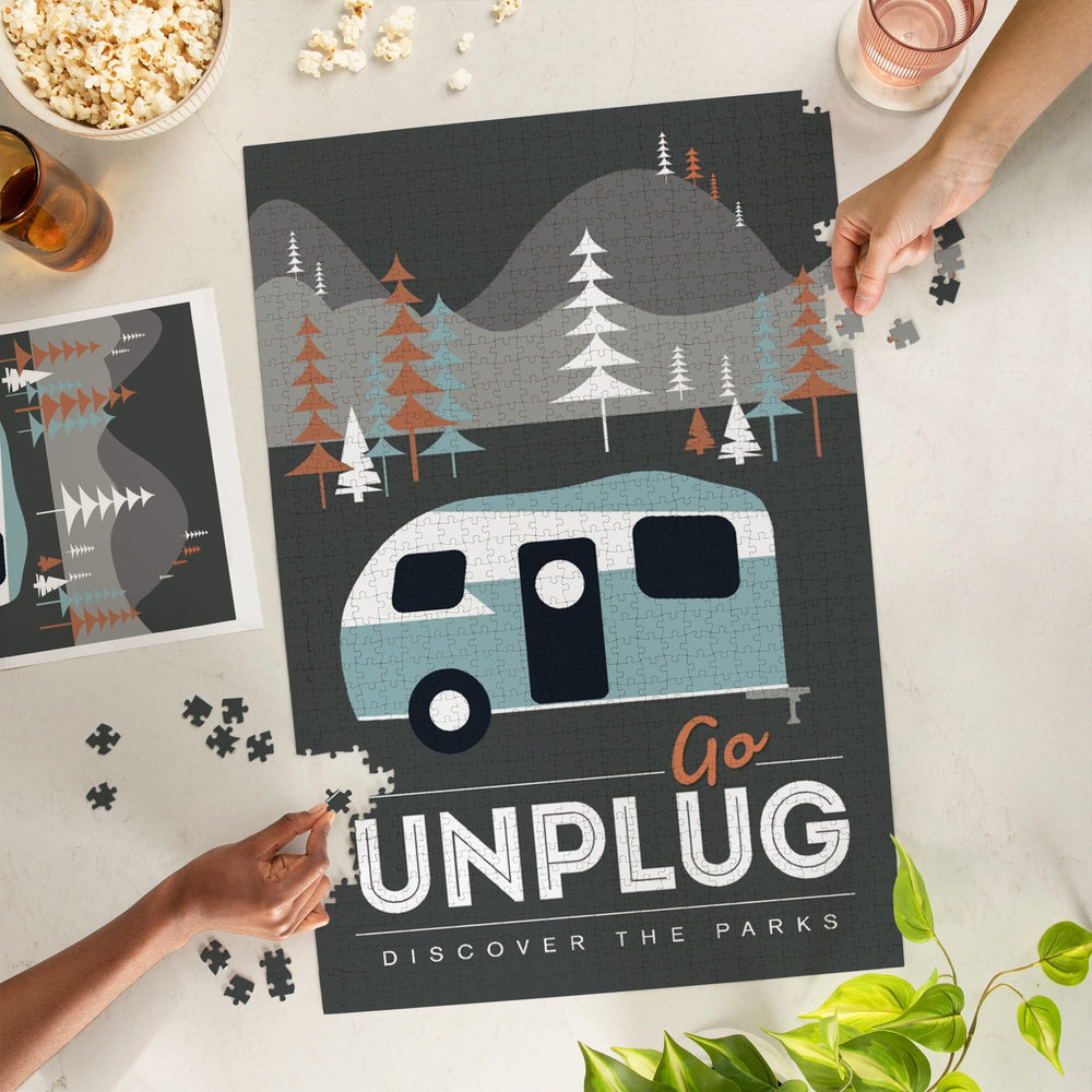 Go Unplug (Camper), Discover the Parks, Vector Style, Jigsaw Puzzle Puzzle Lantern Press 