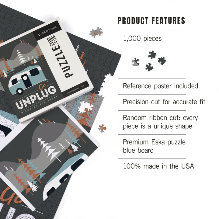 Go Unplug (Camper), Discover the Parks, Vector Style, Jigsaw Puzzle Puzzle Lantern Press 