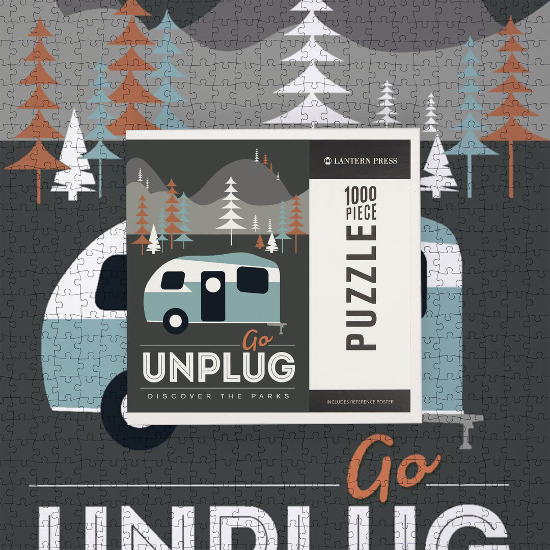 Go Unplug (Camper), Discover the Parks, Vector Style, Jigsaw Puzzle Puzzle Lantern Press 