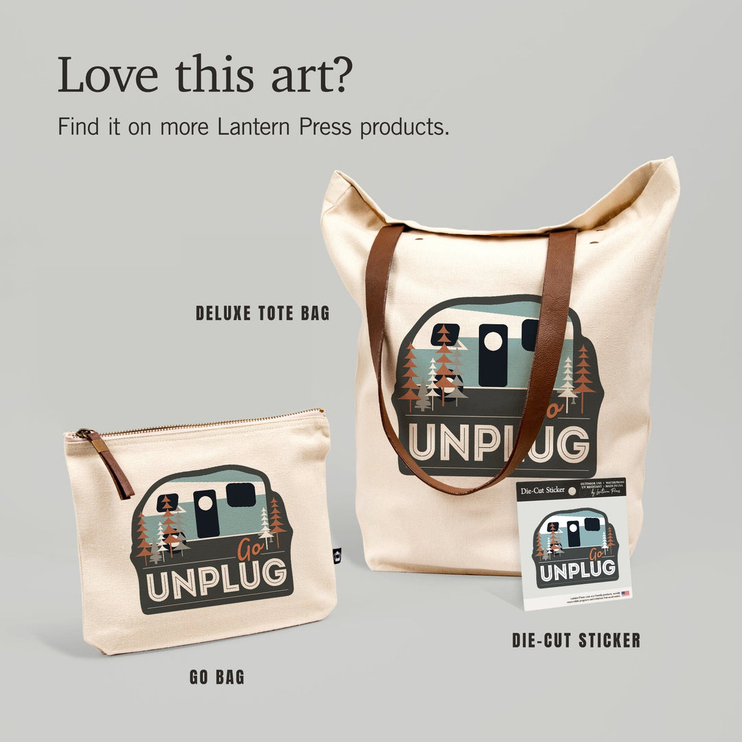 Go Unplug, Retro Camper, Contour, Lantern Press Artwork, Vinyl Sticker Sticker Lantern Press 