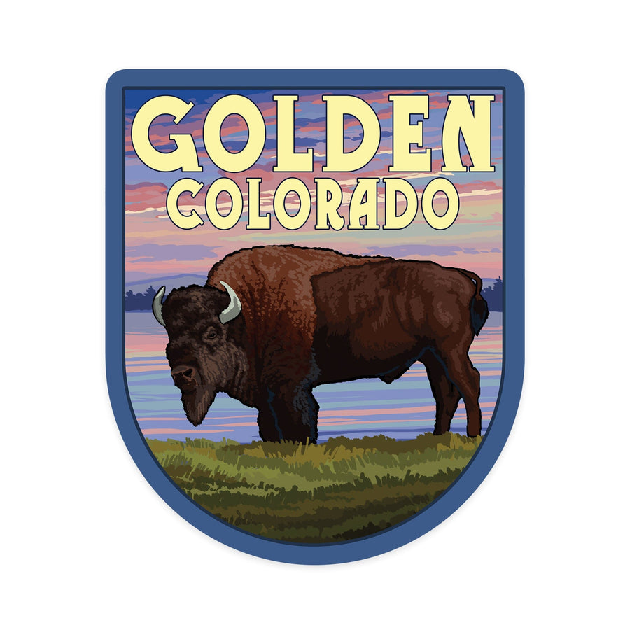 Golden, Colorado, Bison and Sunset, Contour, Vinyl Sticker - Lantern Press