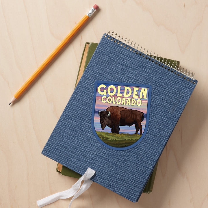 Golden, Colorado, Bison and Sunset, Contour, Vinyl Sticker - Lantern Press