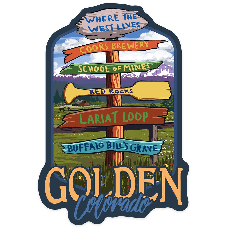 Golden, Colorado, Destination Signpost, Contour, Lantern Press Artwork, Vinyl Sticker Sticker Lantern Press 