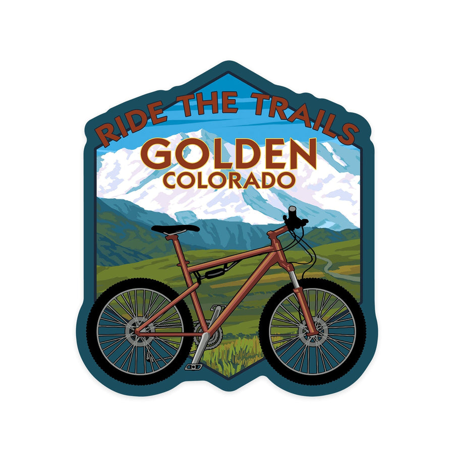 Golden, Colorado, Ride the Trails, Mountain Bike, Contour, Vinyl Sticker - Lantern Press