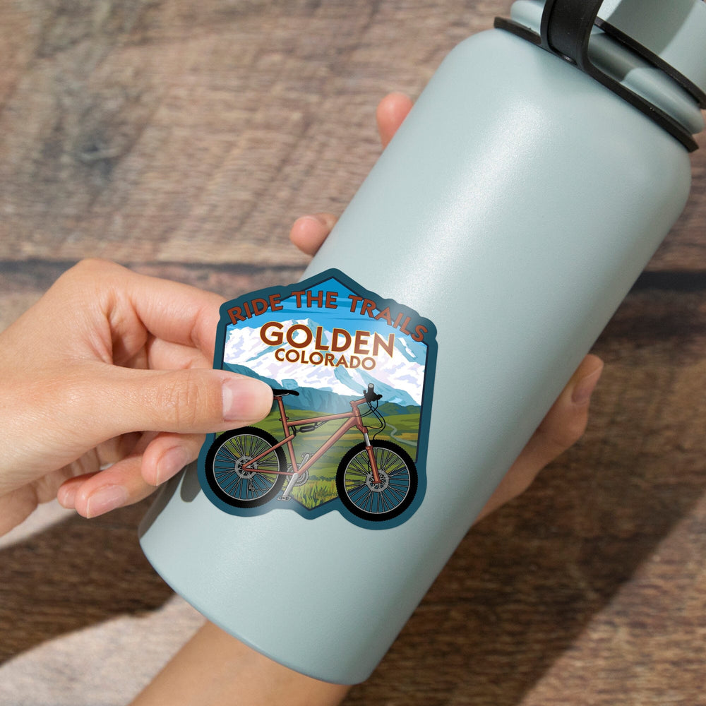 Golden, Colorado, Ride the Trails, Mountain Bike, Contour, Vinyl Sticker - Lantern Press