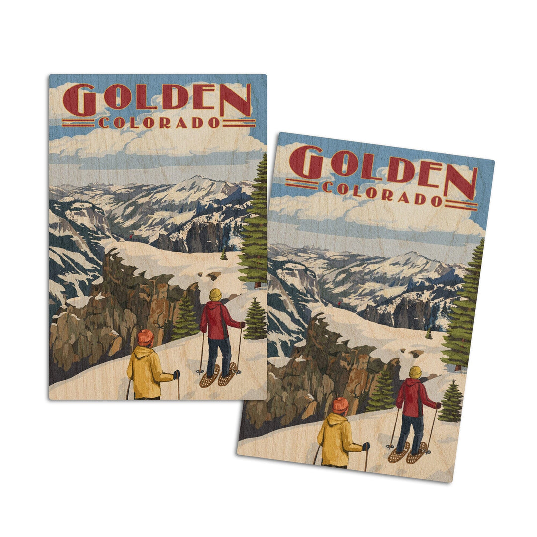 Golden, Colorado, Snowshoer Scene, Lantern Press Artwork, Wood Signs and Postcards Wood Lantern Press 4x6 Wood Postcard Set 
