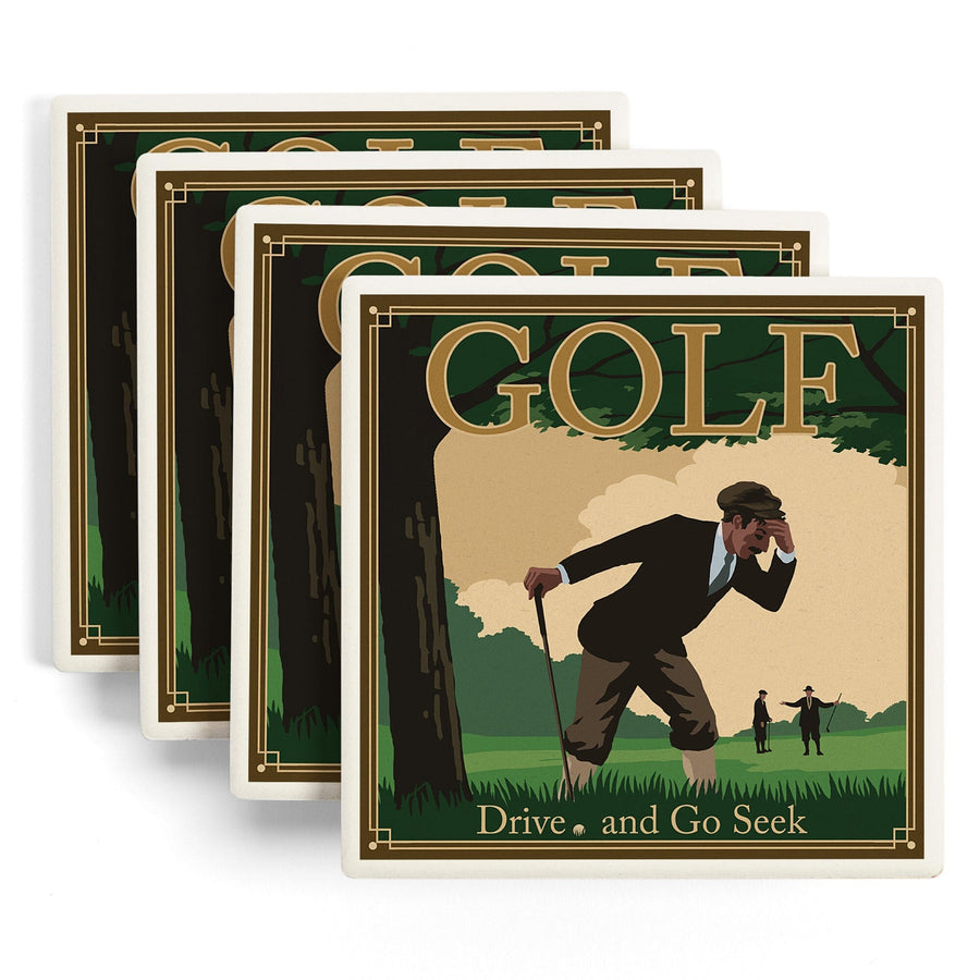 Golf, Drive and Go Seek, Lantern Press Artwork, Coaster Set - Lantern Press