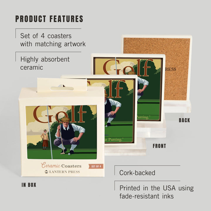 Golf, Much Ado about Putting, Lantern Press Artwork, Coaster Set - Lantern Press