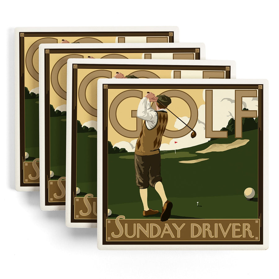 Golf, Sunday Driver, Lantern Press Artwork, Coaster Set - Lantern Press