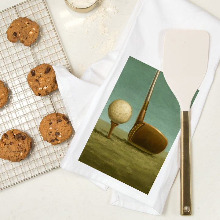 Golf, Tee and Club, Oil Painting, Organic Cotton Kitchen Tea Towels Kitchen Lantern Press 