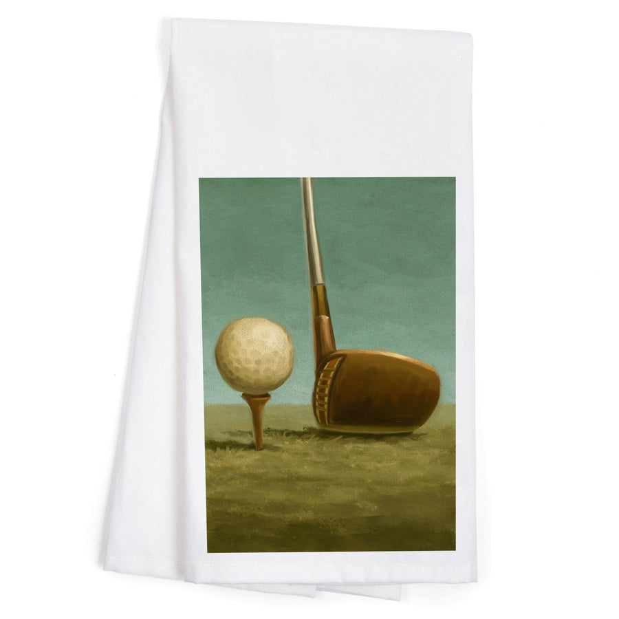 Golf, Tee and Club, Oil Painting, Organic Cotton Kitchen Tea Towels Kitchen Lantern Press 