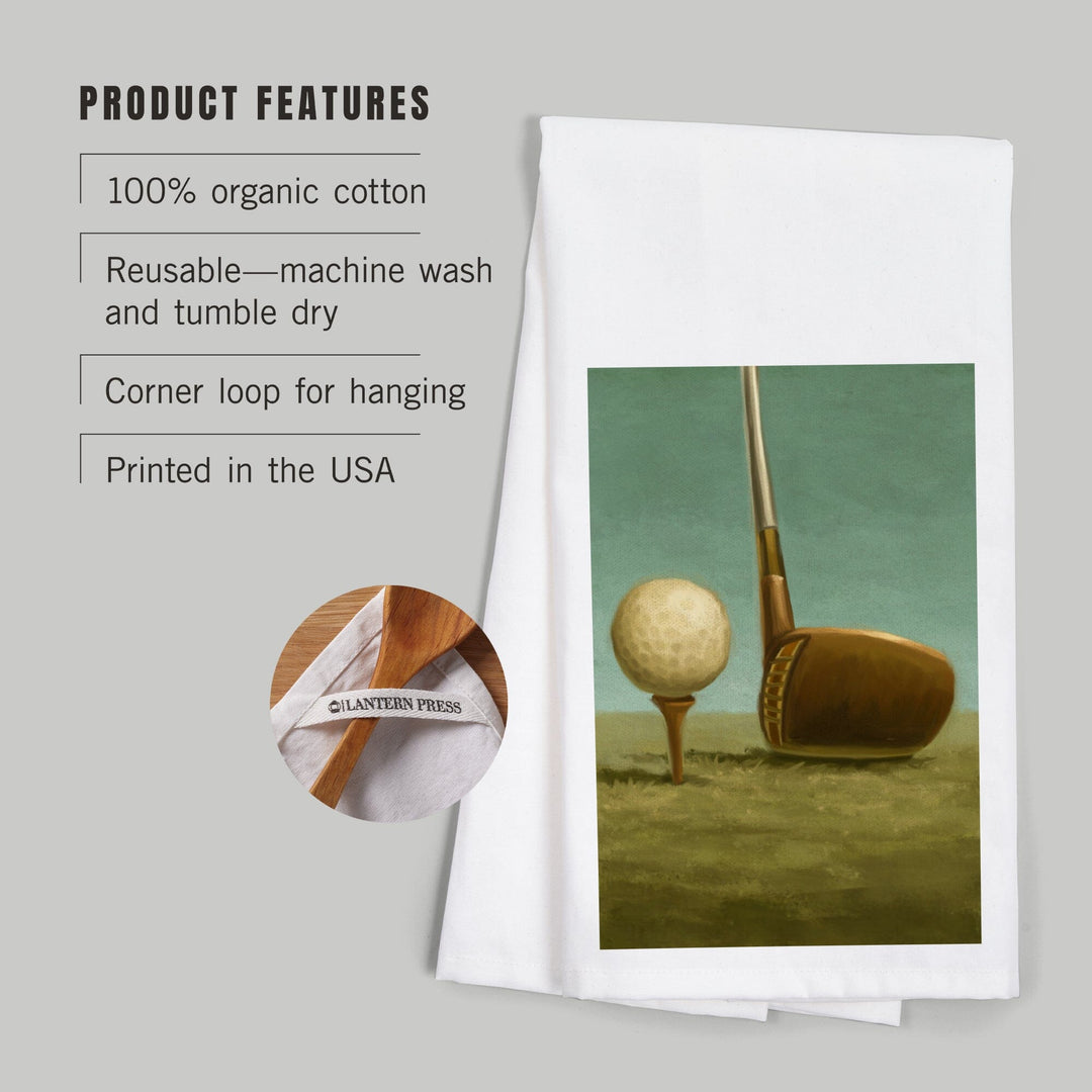 Golf, Tee and Club, Oil Painting, Organic Cotton Kitchen Tea Towels Kitchen Lantern Press 