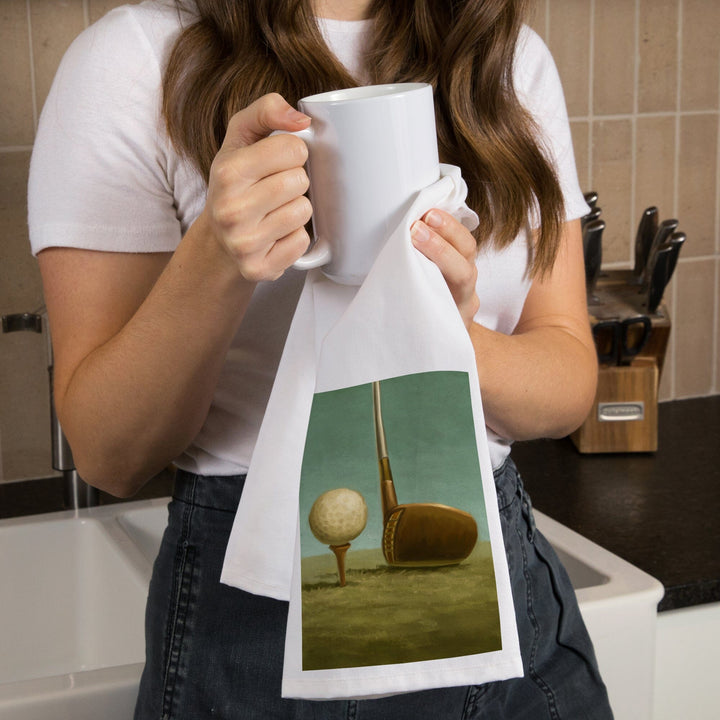 Golf, Tee and Club, Oil Painting, Organic Cotton Kitchen Tea Towels Kitchen Lantern Press 