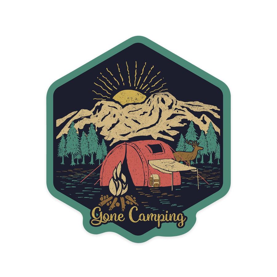 Gone Camping, Camping Scene, Contour, Lantern Press Artwork, Vinyl Sticker Sticker Lantern Press 