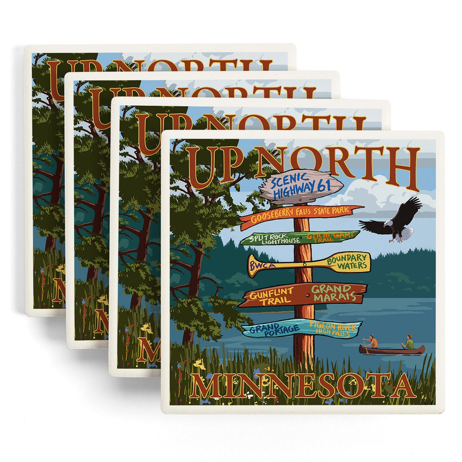 Gooseberry Falls, Minnesota, Destinations Sign, Lantern Press Artwork, Coaster Set - Lantern Press