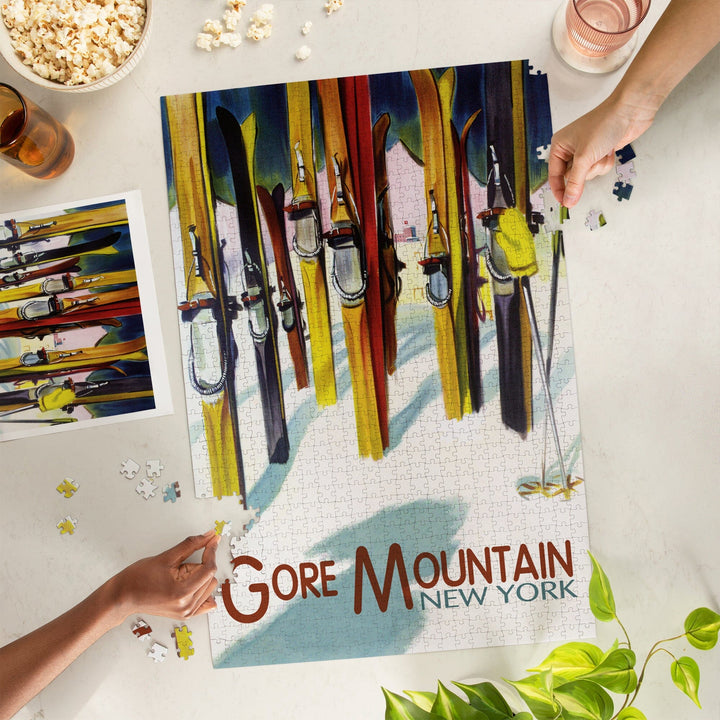 Gore Mountain, New York, Colorful Skis, Jigsaw Puzzle Puzzle Lantern Press 