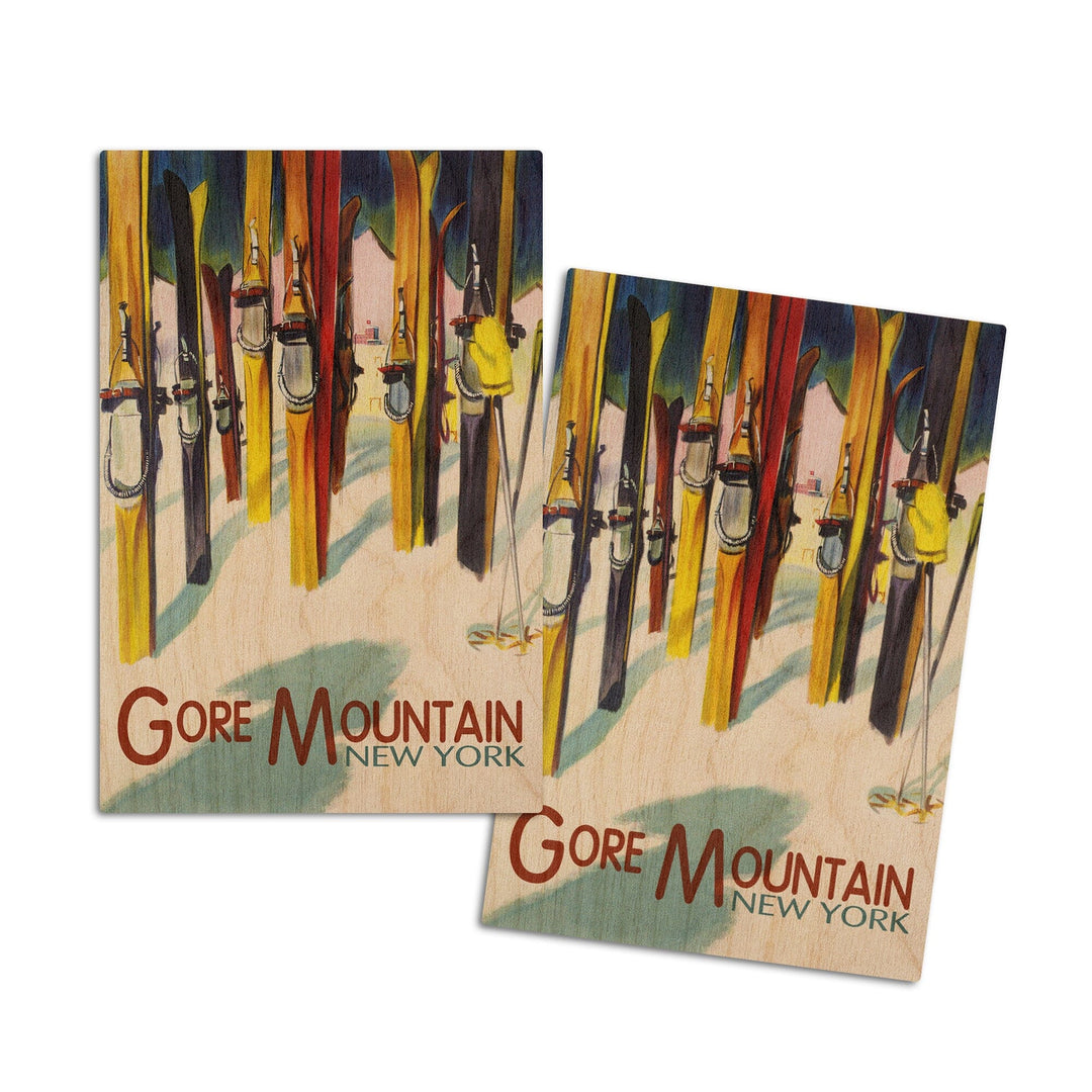 Gore Mountain, New York, Colorful Skis, Lantern Press Artwork, Wood Signs and Postcards Wood Lantern Press 4x6 Wood Postcard Set 