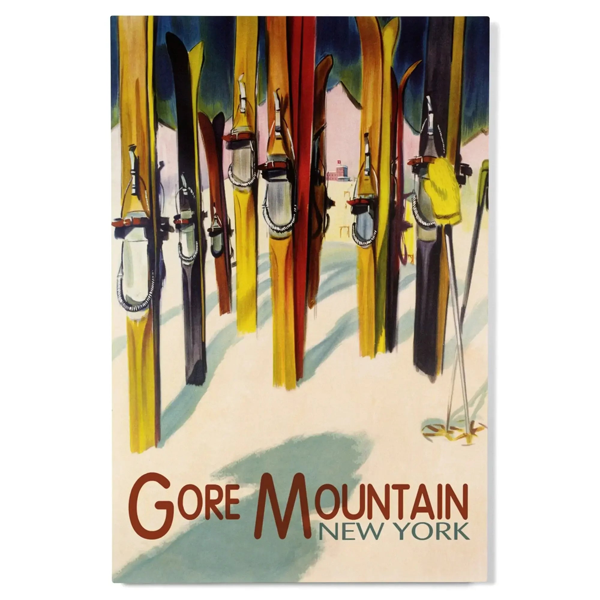 Gore Mountain, New York, Colorful Skis, Lantern Press Artwork wood