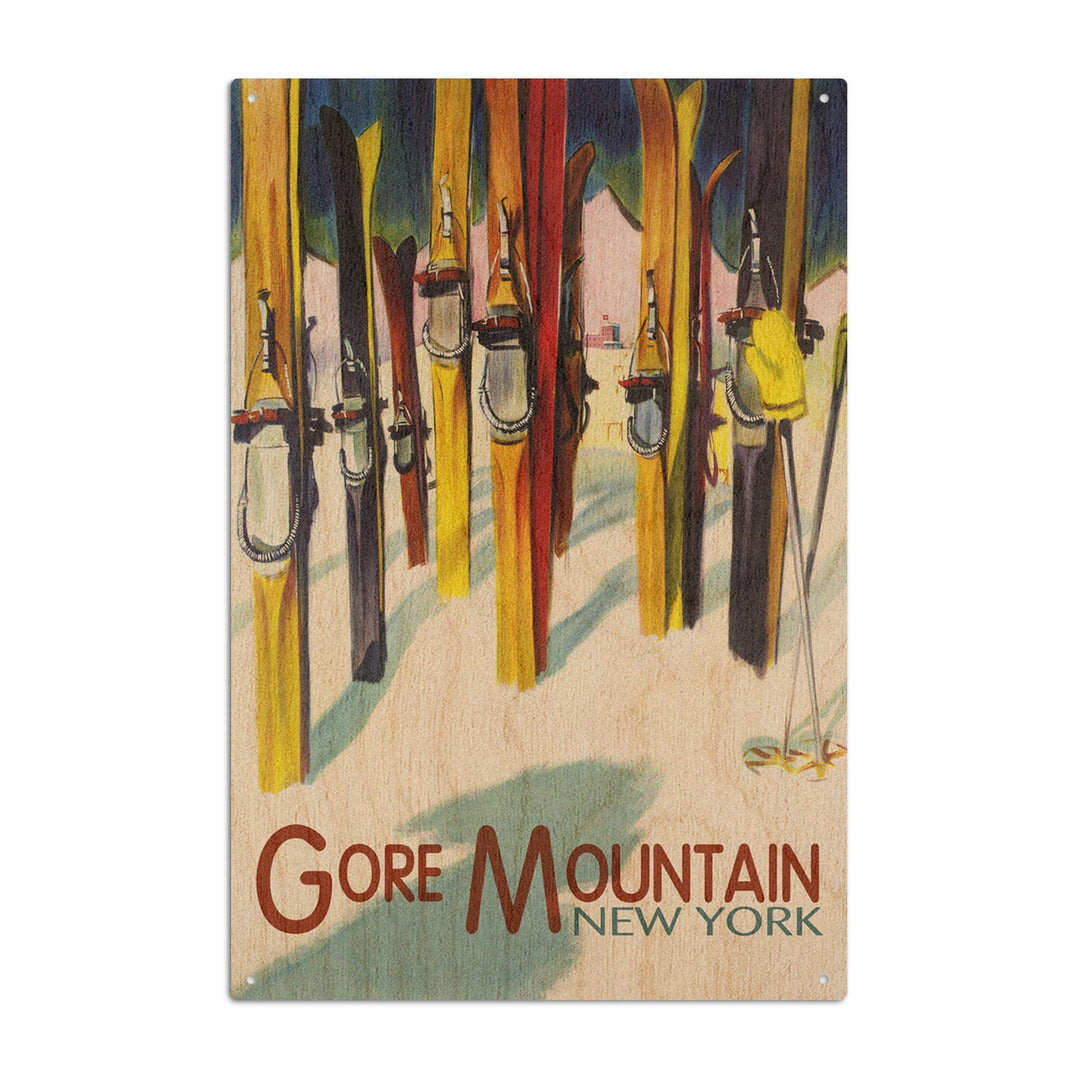 Gore Mountain, New York, Colorful Skis, Lantern Press Artwork, Wood Signs and Postcards Wood Lantern Press 6x9 Wood Sign 