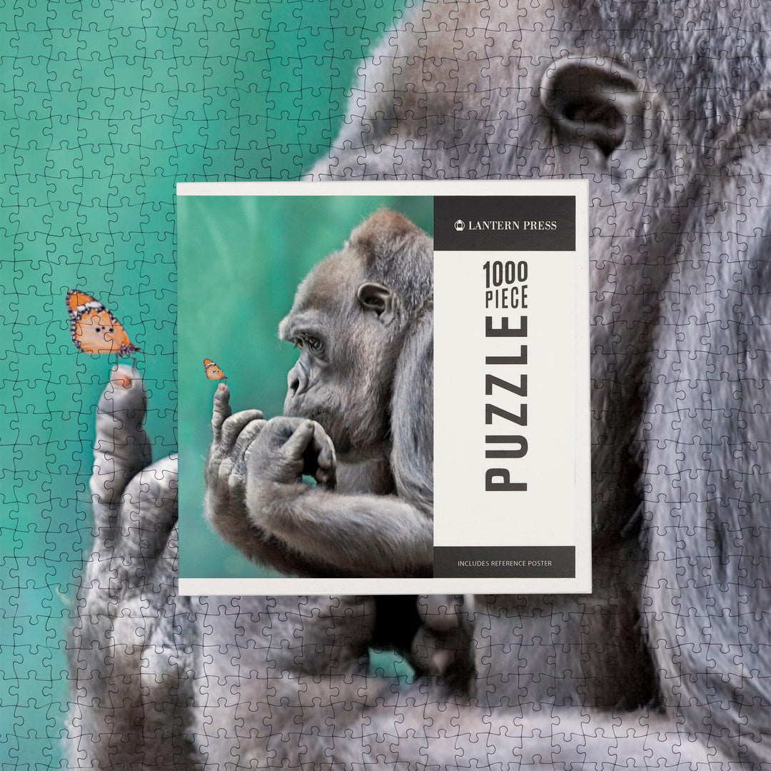 Gorilla Inspecting Butterfly on Finger, Jigsaw Puzzle Puzzle Lantern Press 