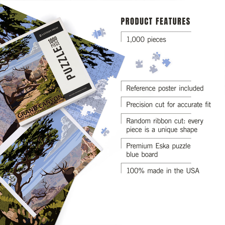 Grand Canyon National Park, Arizona, Elk and South Rim, Jigsaw Puzzle Puzzle Lantern Press 
