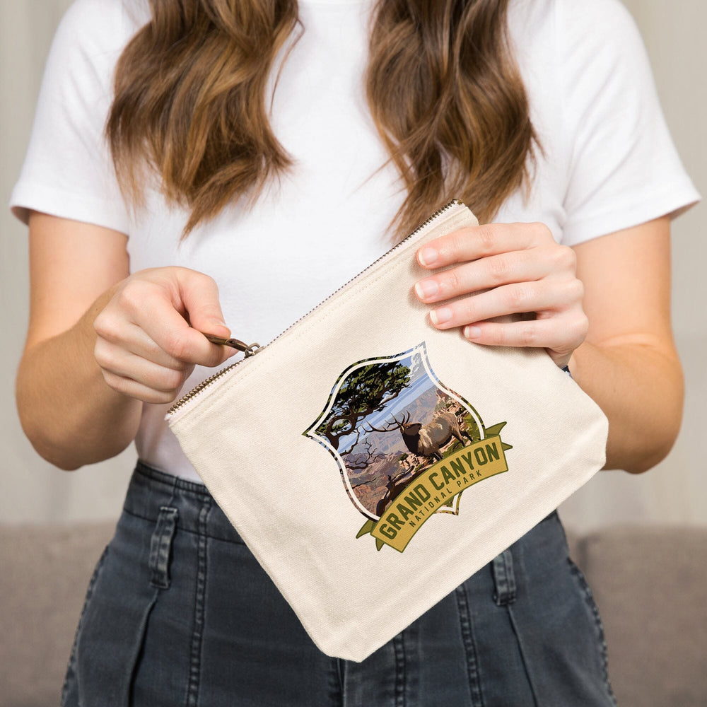 Grand Canyon National Park, Arizona, Elk and South Rim,, Organic Cotton Zipper Pouch, Go Bag Go Bag Lantern Press 