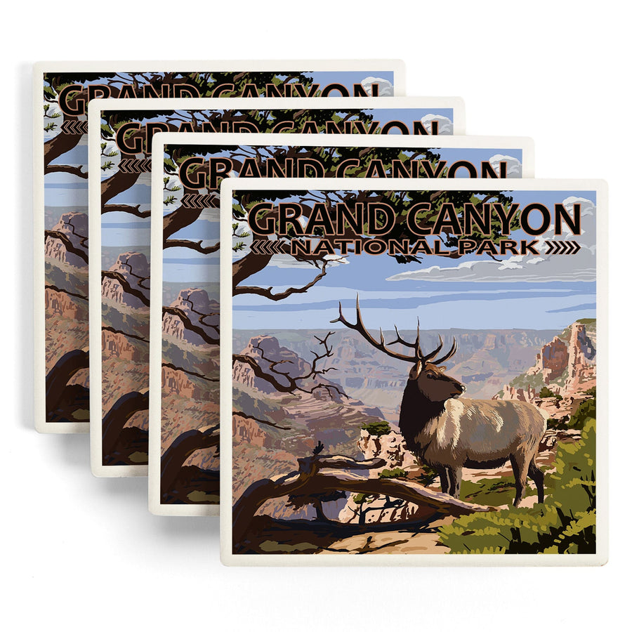 Grand Canyon National Park, Arizona, Elk & South Rim, Lantern Press Artwork, Coaster Set - Lantern Press