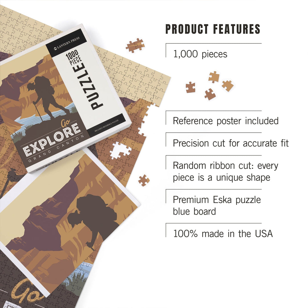 Grand Canyon National Park, Arizona, Go Explore, Backpacker, Vector Style, Jigsaw Puzzle Puzzle Lantern Press 