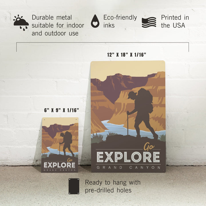 Grand Canyon National Park, Arizona, Go Explore, Backpacker, Vector Style, Metal Signs Metal Lantern Press 