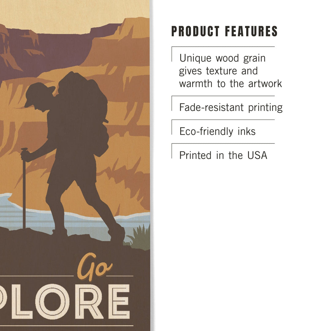 Grand Canyon National Park, Arizona, Go Explore, Backpacker, Vector Style, Wood Signs and Postcards Wood Lantern Press 