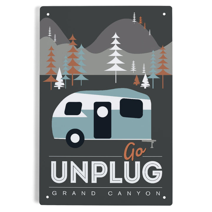 Grand Canyon National Park, Arizona, Go Unplug (Retro Camper), Vector Style, Metal Signs Metal Lantern Press 