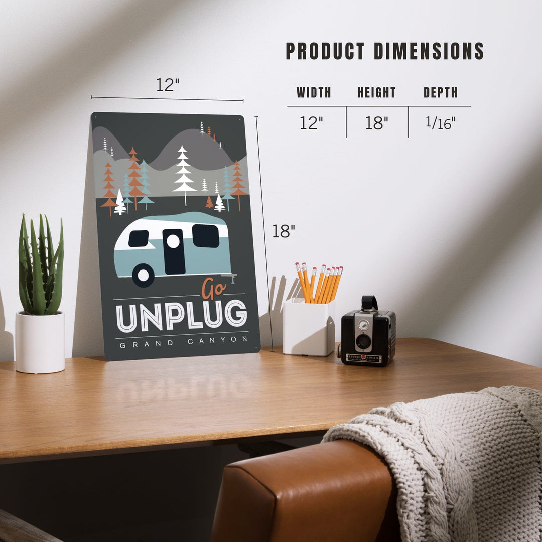 Grand Canyon National Park, Arizona, Go Unplug (Retro Camper), Vector Style, Metal Signs Metal Lantern Press 