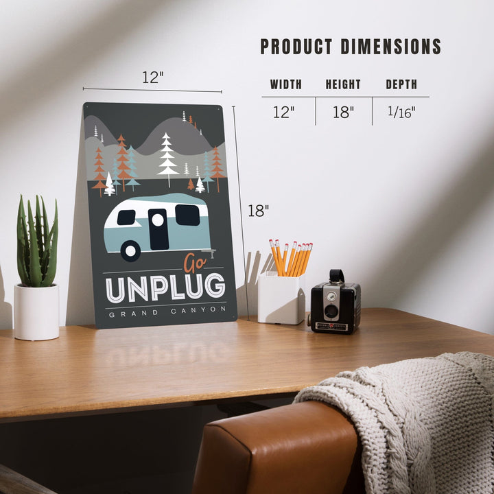Grand Canyon National Park, Arizona, Go Unplug (Retro Camper), Vector Style, Metal Signs Metal Lantern Press 