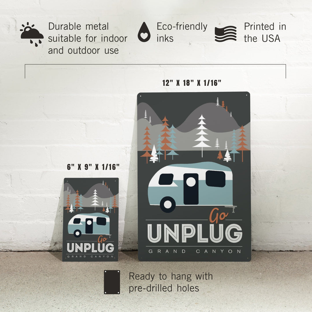 Grand Canyon National Park, Arizona, Go Unplug (Retro Camper), Vector Style, Metal Signs Metal Lantern Press 