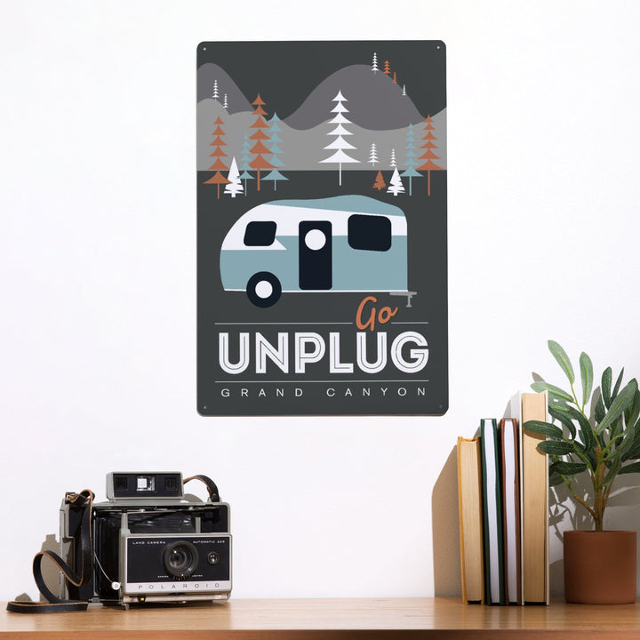 Grand Canyon National Park, Arizona, Go Unplug (Retro Camper), Vector Style, Metal Signs Metal Lantern Press 