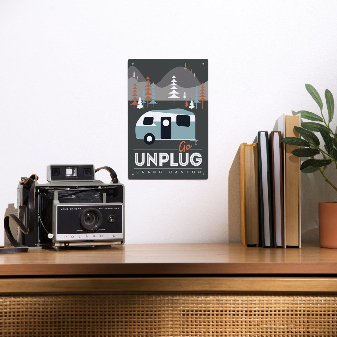 Grand Canyon National Park, Arizona, Go Unplug (Retro Camper), Vector Style, Metal Signs Metal Lantern Press 