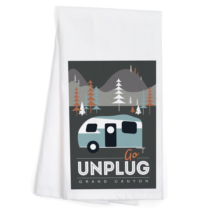 Grand Canyon National Park, Arizona, Go Unplug (Retro Camper), Vector Style, Organic Cotton Kitchen Tea Towels Kitchen Lantern Press 