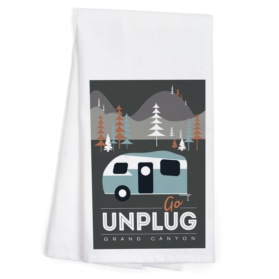 Grand Canyon National Park, Arizona, Go Unplug (Retro Camper), Vector Style, Organic Cotton Kitchen Tea Towels Kitchen Lantern Press 