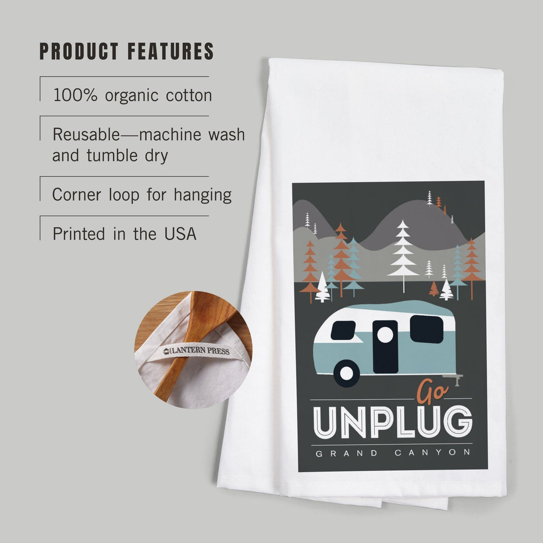 Grand Canyon National Park, Arizona, Go Unplug (Retro Camper), Vector Style, Organic Cotton Kitchen Tea Towels Kitchen Lantern Press 