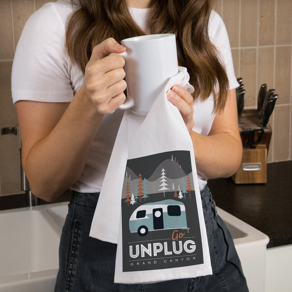 Grand Canyon National Park, Arizona, Go Unplug (Retro Camper), Vector Style, Organic Cotton Kitchen Tea Towels Kitchen Lantern Press 