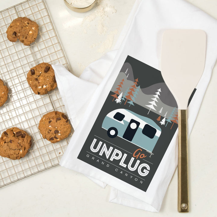 Grand Canyon National Park, Arizona, Go Unplug (Retro Camper), Vector Style, Organic Cotton Kitchen Tea Towels Kitchen Lantern Press 