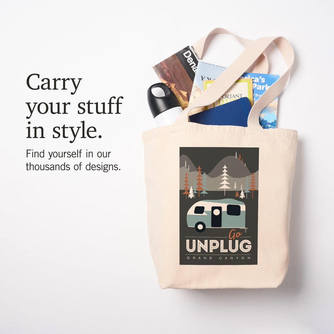 Grand Canyon National Park, Arizona, Go Unplug (Retro Camper), Vector Style, Tote Bag Totes Lantern Press 