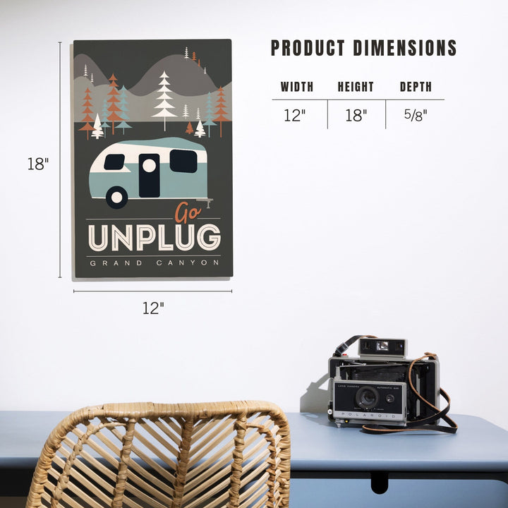 Grand Canyon National Park, Arizona, Go Unplug (Retro Camper), Vector Style, Wood Signs and Postcards Wood Lantern Press 