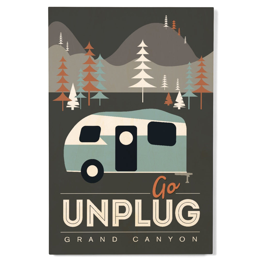 Grand Canyon National Park, Arizona, Go Unplug (Retro Camper), Vector Style, Wood Signs and Postcards Wood Lantern Press 